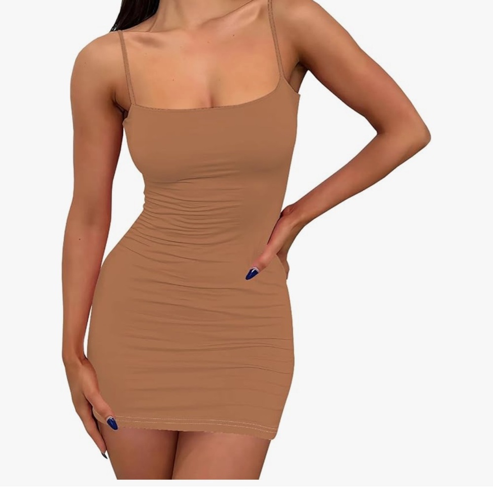 Tan Ruched Mini Dress